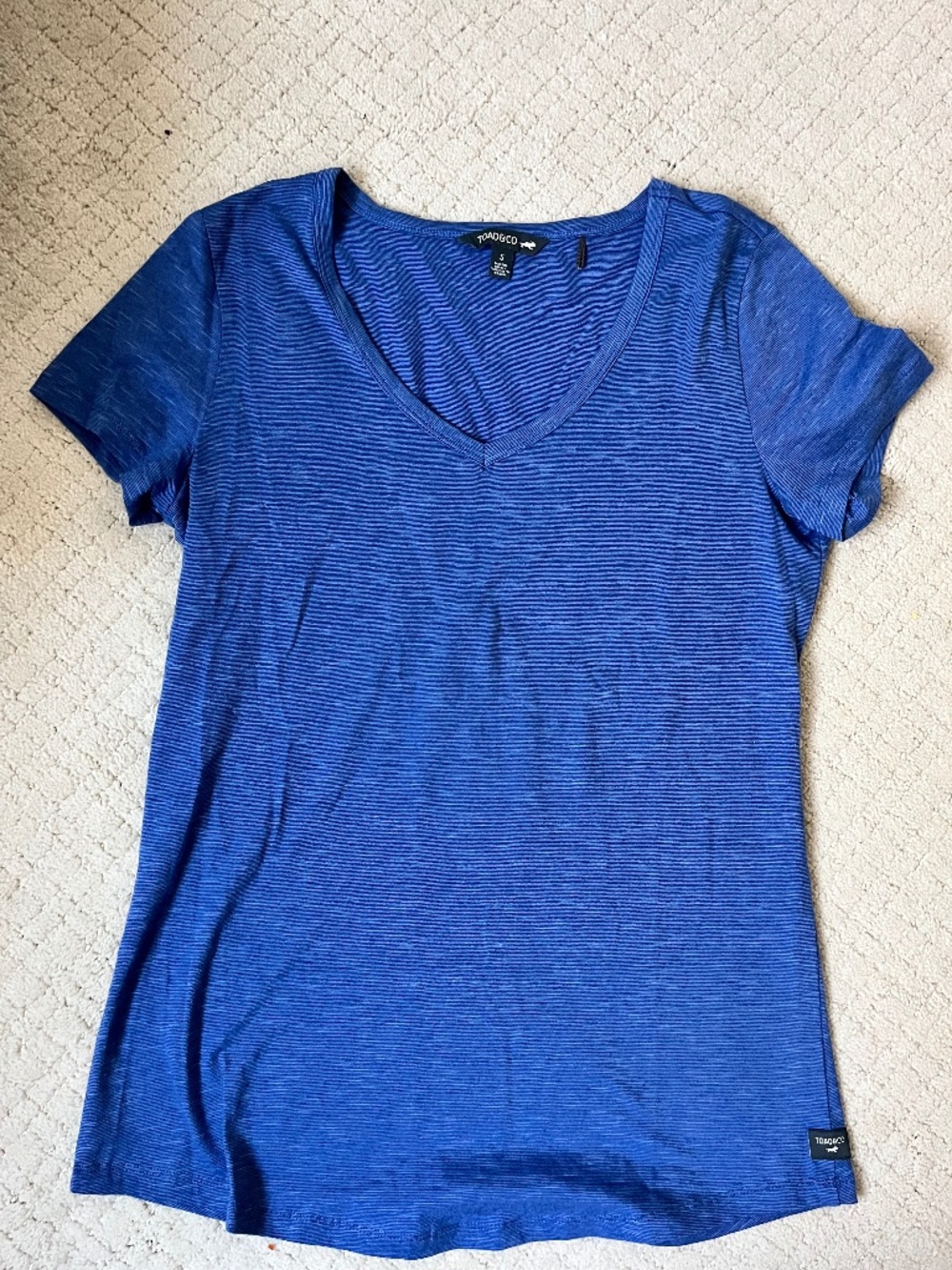 Toad&Co Women’s Small V-Neck Tee Blue Striped Marley Top Eco Friendly Travel
